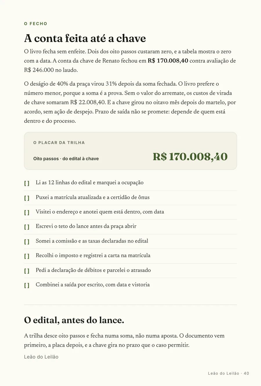 O fecho: O lote do Renato: R$ 170.008,40 até a chave contra R$ 246.000 de avaliação, com a chave girando no oitavo mês